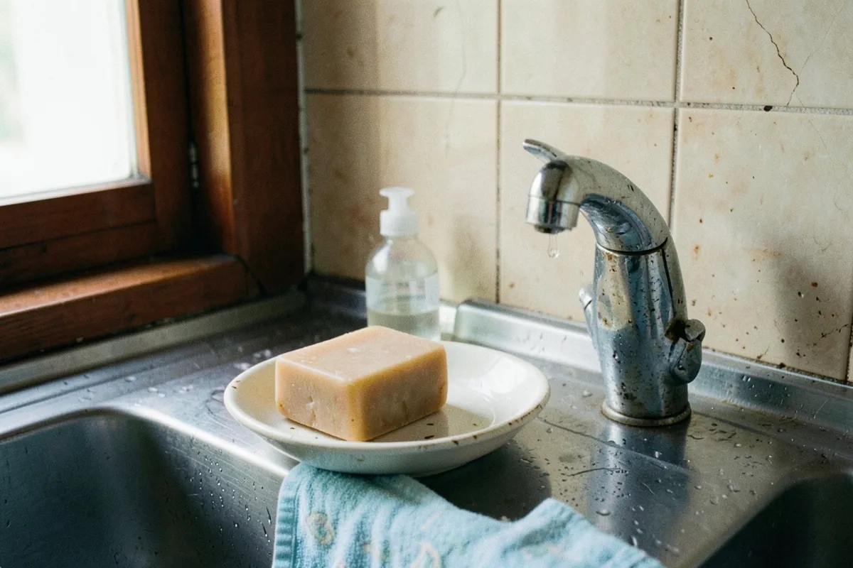 Một cục xà phòng trên đĩa trắng cạnh vòi crom, sau là chai nước rửa và khăn xanh, ánh sáng cửa sổ chiếu vào bồn rửa thép