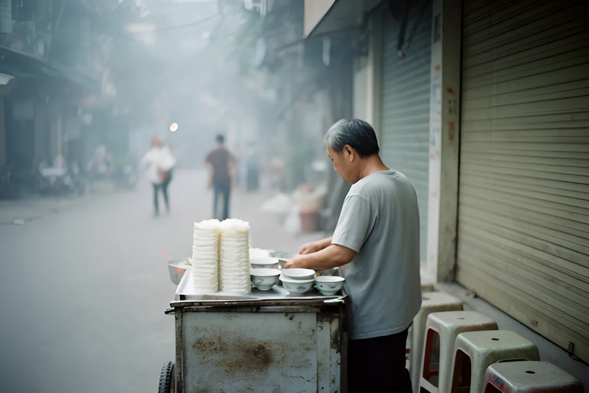 Một người đàn ông trung niên đứng cạnh xe đẩy đồ ăn trên phố vắng buổi sớm, tay sắp bát và chén, vài người mờ phía xa