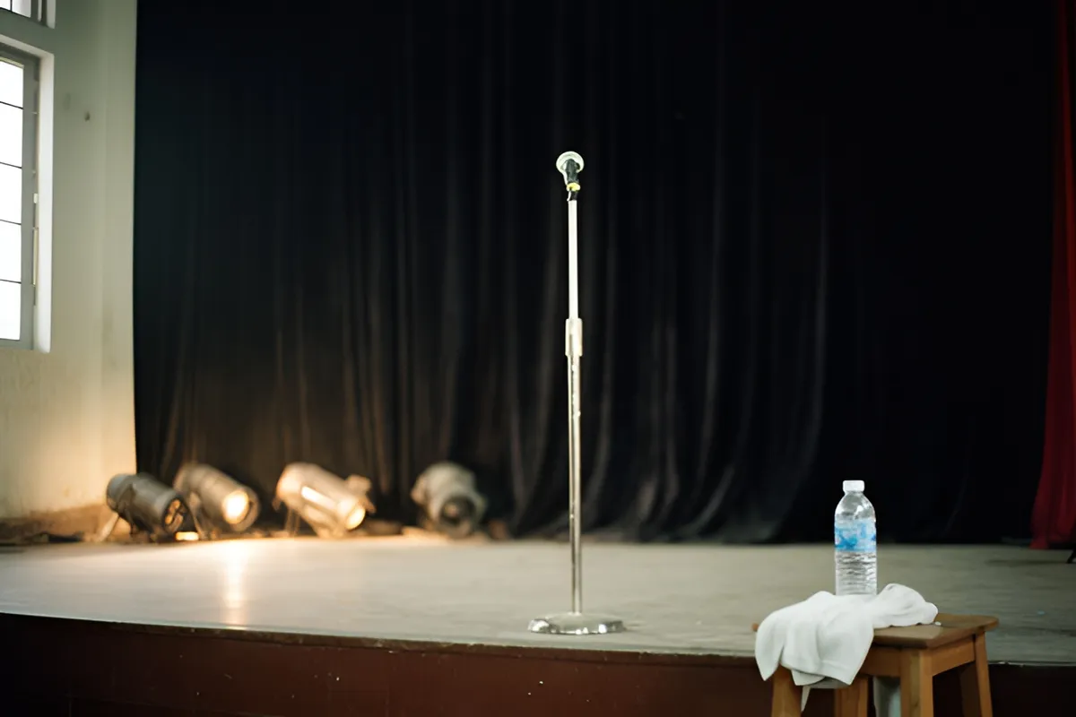 Sân khấu trống với một cây mic đứng giữa, vài đèn sân khấu tắt nằm gần tấm rèm đen