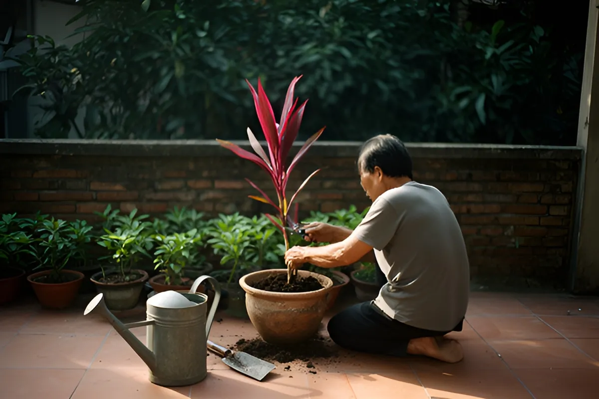 Một người đàn ông lớn tuổi quỳ trên sân gạch, dùng kéo cắt một nhánh cây lá đỏ để trồng vào chậu đất