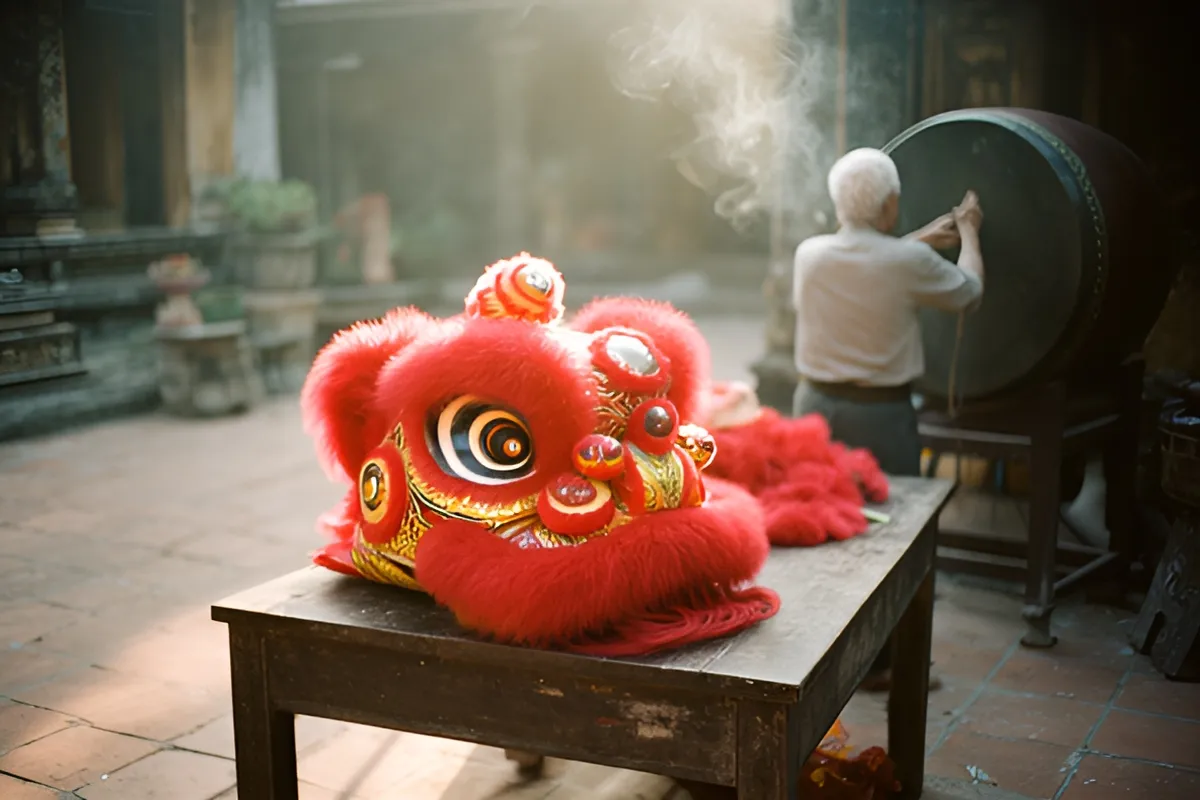 Một ông già lưng quay lại đang chỉnh chiếc trống lớn, đầu lân đỏ vàng để trên bàn gỗ trong sân đình, khói hương bay nhẹ