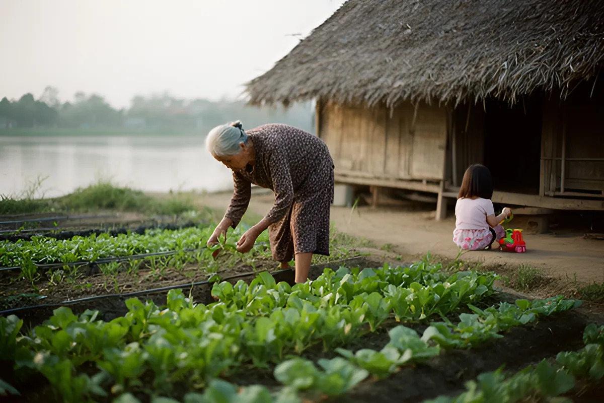 Một bà lão tóc bạc đang cúi xuống nhổ cỏ trên luống rau xanh bên bờ sông, một bé gái ngồi chơi phía sau gần nhà mái tranh