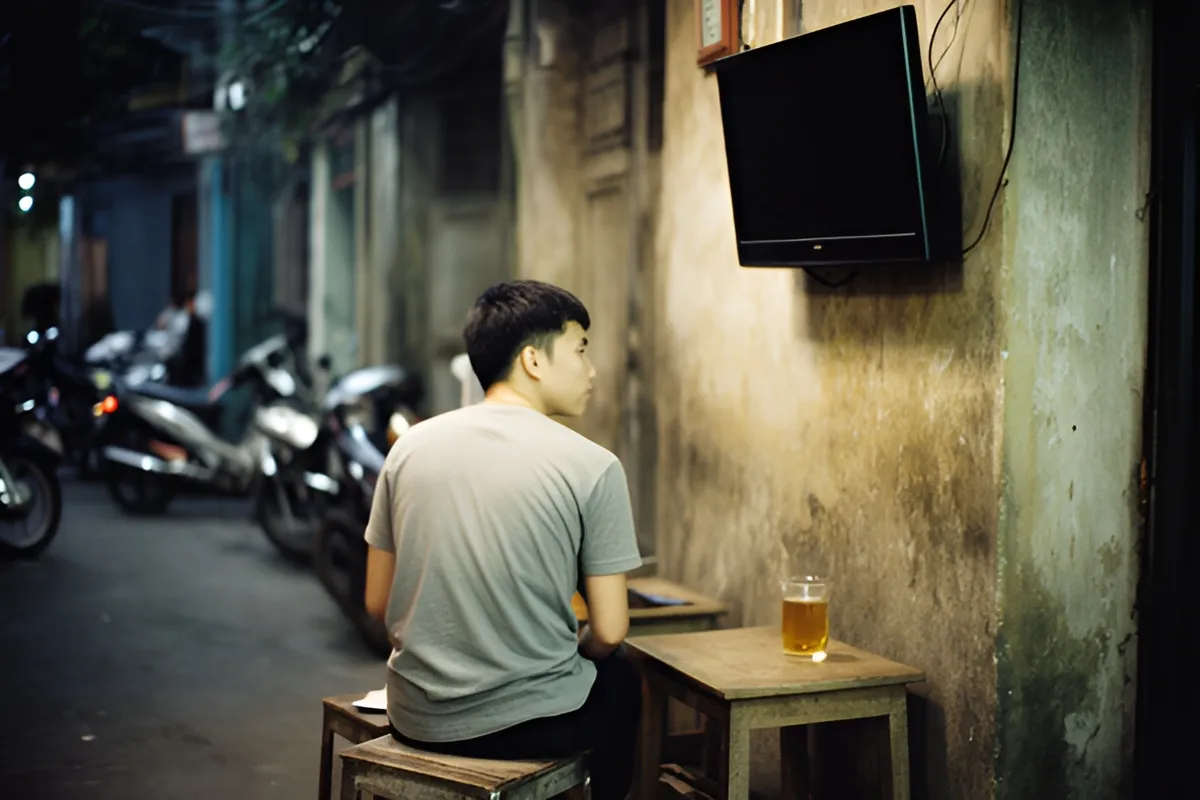 Một thanh niên ngồi trên ghế thấp trong con hẻm tối, nhìn lên chiếc ti-vi treo tường đang tắt