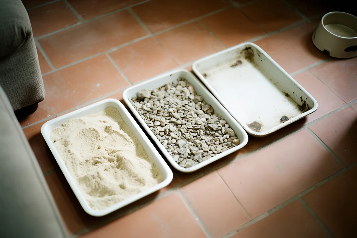 Ba khay trắng đặt cạnh nhau trên nền gạch đỏ: một khay đựng cát mịn, một khay đựng sỏi thô, một khay trống có vết bẩn