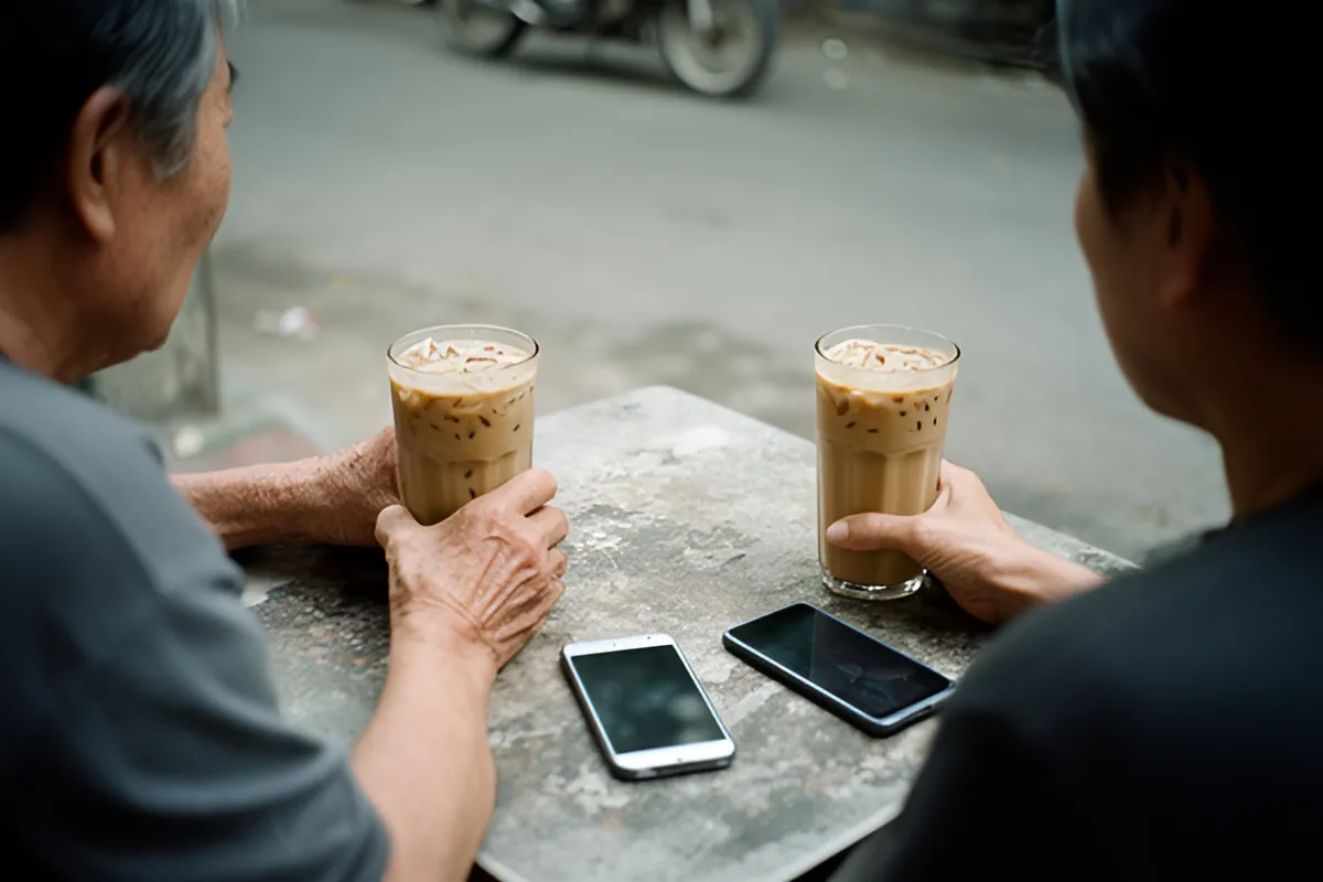 Hai người ngồi quay lưng lại với nhau bên bàn đá nhỏ ven đường, mỗi người cầm một ly cà phê sữa đá