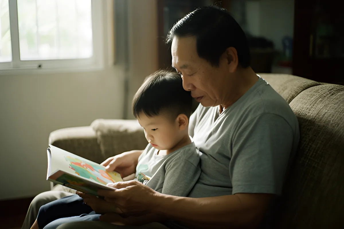 Một người đàn ông lớn tuổi và một cậu bé ngồi cạnh nhau trên ghế sofa, cùng xem một cuốn sách có tranh màu