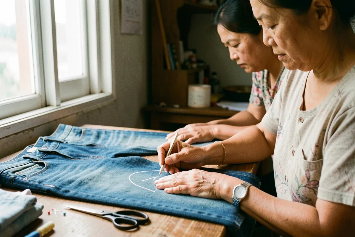 Hai phụ nữ ngồi bên bàn, một người vạch đường trắng trên vải jean bằng bút, cạnh đó có kéo và ghim, sáng từ cửa sổ