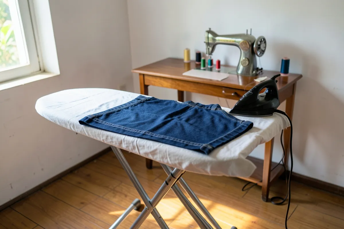 Bàn là và váy jean đặt trên giá là ủi, phía sau là bàn gỗ có máy may cùng các cuộn chỉ, ánh nắng chiều rọi qua cửa sổ