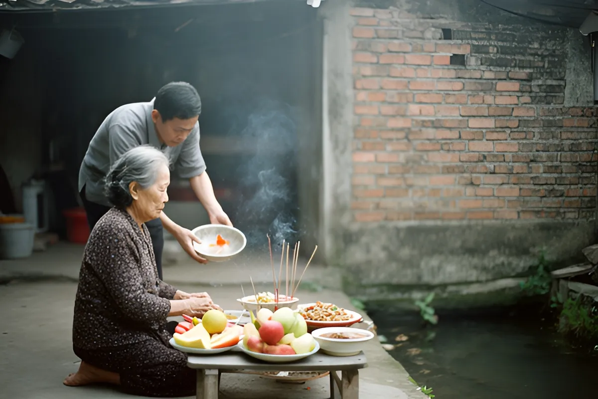 Một bà già quỳ trước mâm cỗ với nhang và trái cây, một người đàn ông phía sau bưng chén có con cá vàng