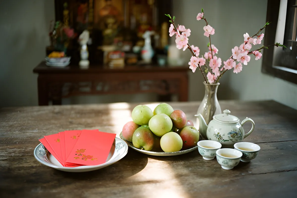 Bàn gỗ đặt đĩa trái cây, phong bì đỏ, ấm chén men hoa, bình cành hoa hồng phấn, bàn thờ mờ phía sau, nắng sáng cửa sổ