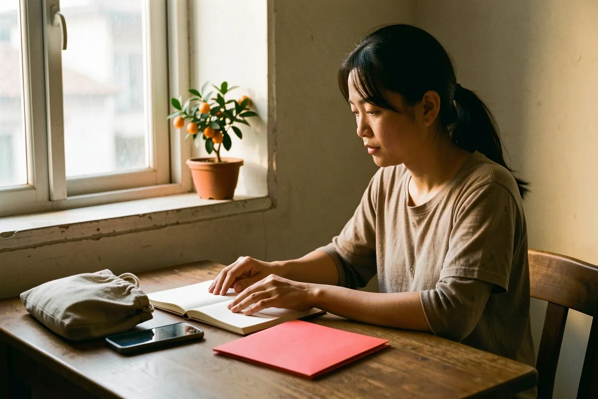 Một phụ nữ trẻ ngồi bên bàn gỗ cạnh cửa sổ, tay đặt trên tập giấy mở, trên bàn có điện thoại, bao thư đỏ và túi vải