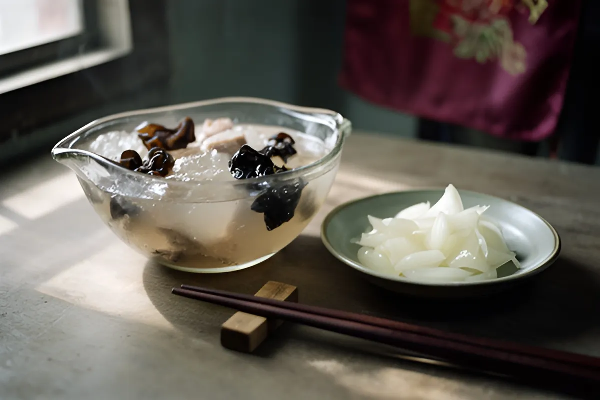 Bát thủy tinh đựng món gel có mộc nhĩ đen, đĩa hành muối trắng, đôi đũa trên giá, đặt trên bàn cạnh cửa sổ sáng