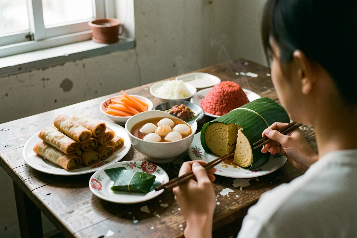 Một người ngồi từ phía sau dùng đũa trước bàn gỗ bày nhiều món ăn bên cửa sổ sáng