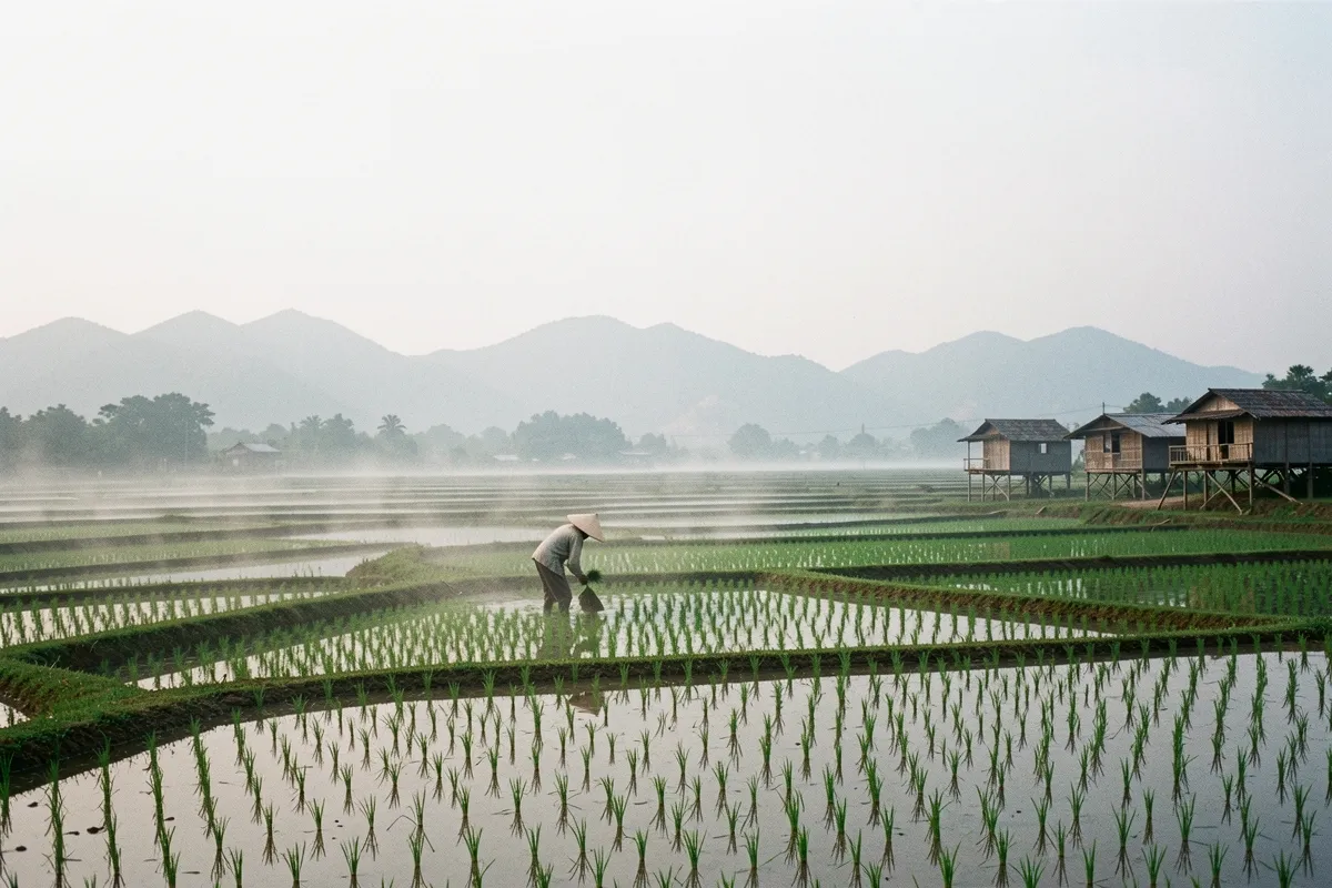 Một nông dân đội nón lá cúi xuống cấy mạ giữa ruộng ngập nước bậc thang, sương mù buổi sớm, núi mờ và vài nhà sàn ven ruộng
