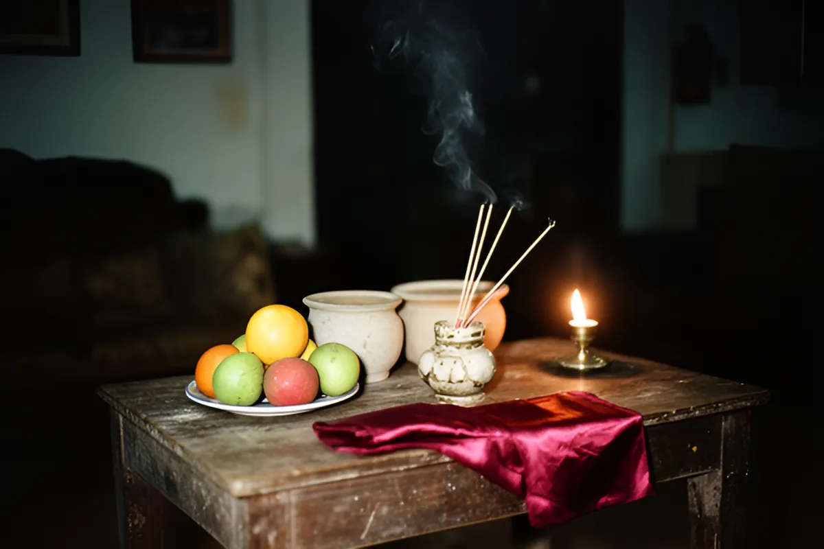 Bàn thờ gỗ nhỏ trong phòng tối với đĩa trái cây, lọ nhang đang bốc khói và một ngọn nến sáng ấm