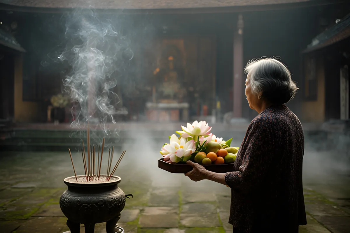 Một bà cụ tóc bạc đứng nghiêng trong sân chùa sớm mai, hai tay bưng khay hoa sen và trái cây, bên cạnh bát nhang khói bay lên