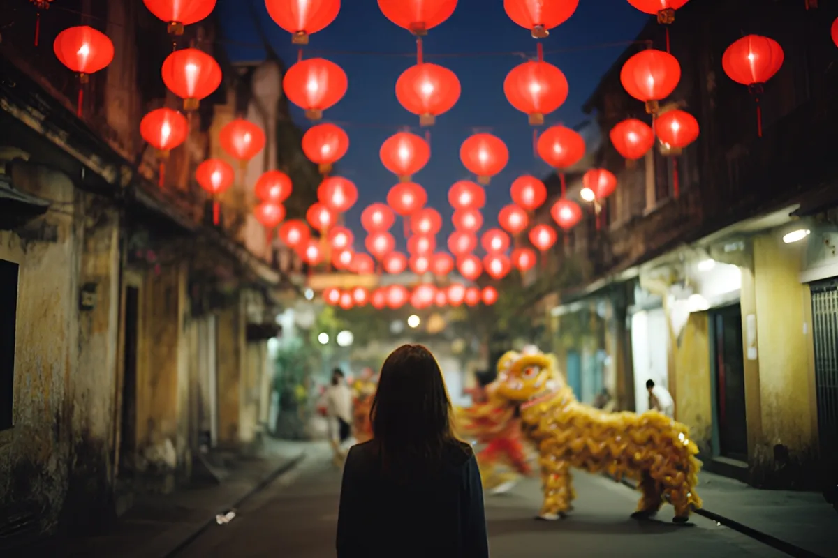Một người phụ nữ quay lưng đứng giữa hẻm hẹp về đêm, đèn lồng đỏ treo trên đầu, bên phải có con lân vàng và vài bóng người mờ