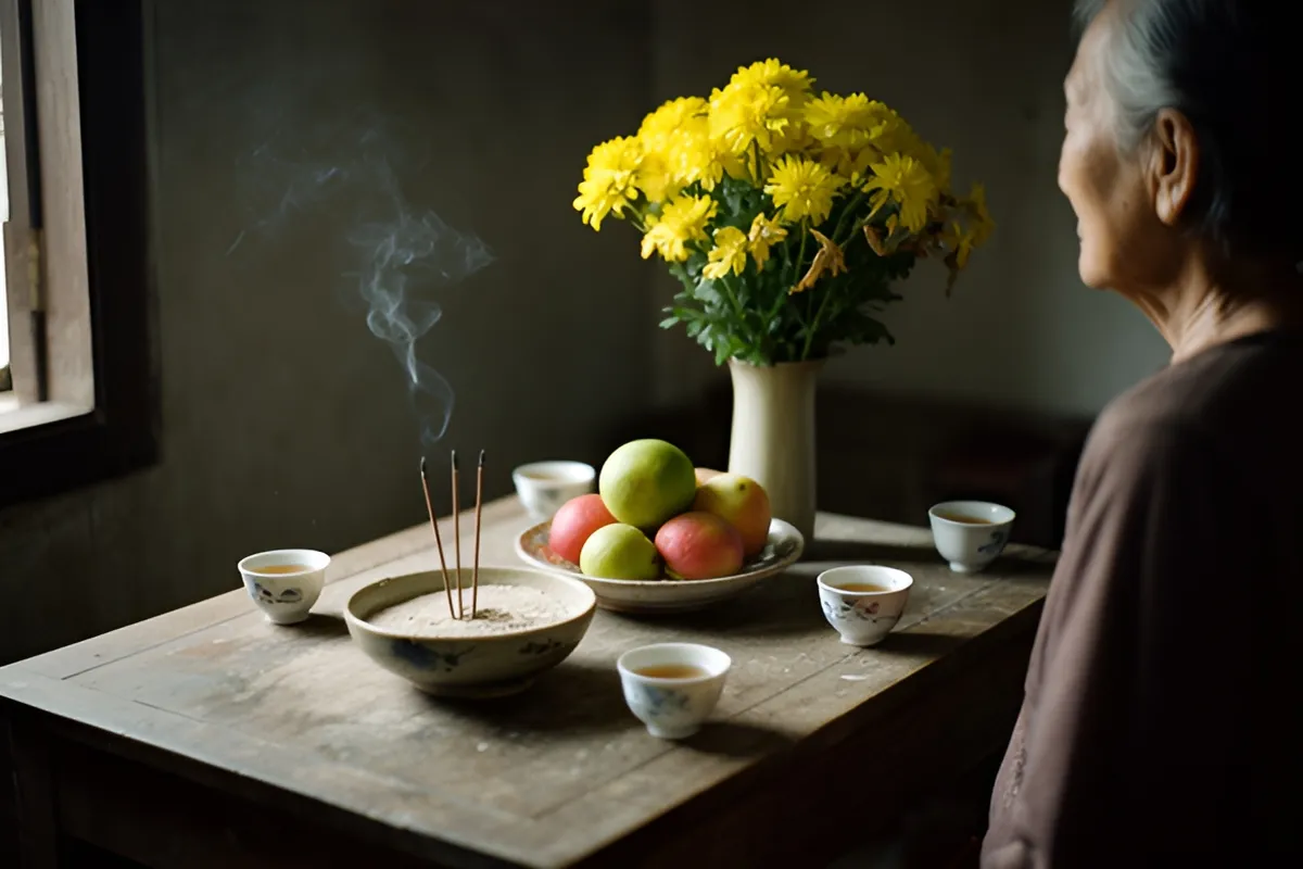 Một bà lão đứng cạnh bàn gỗ có bát cát cắm nhang đang tỏa khói, đĩa trái cây, bình hoa vàng và vài chén trà