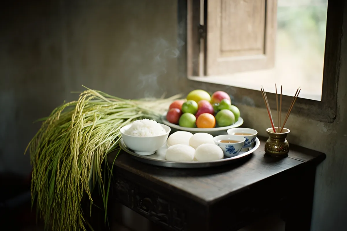 Bàn thờ gỗ trong phòng đơn sơ đặt khay mâm với cơm trắng, bánh tròn, đĩa trái cây, chén trà và lọ nhang đang khói