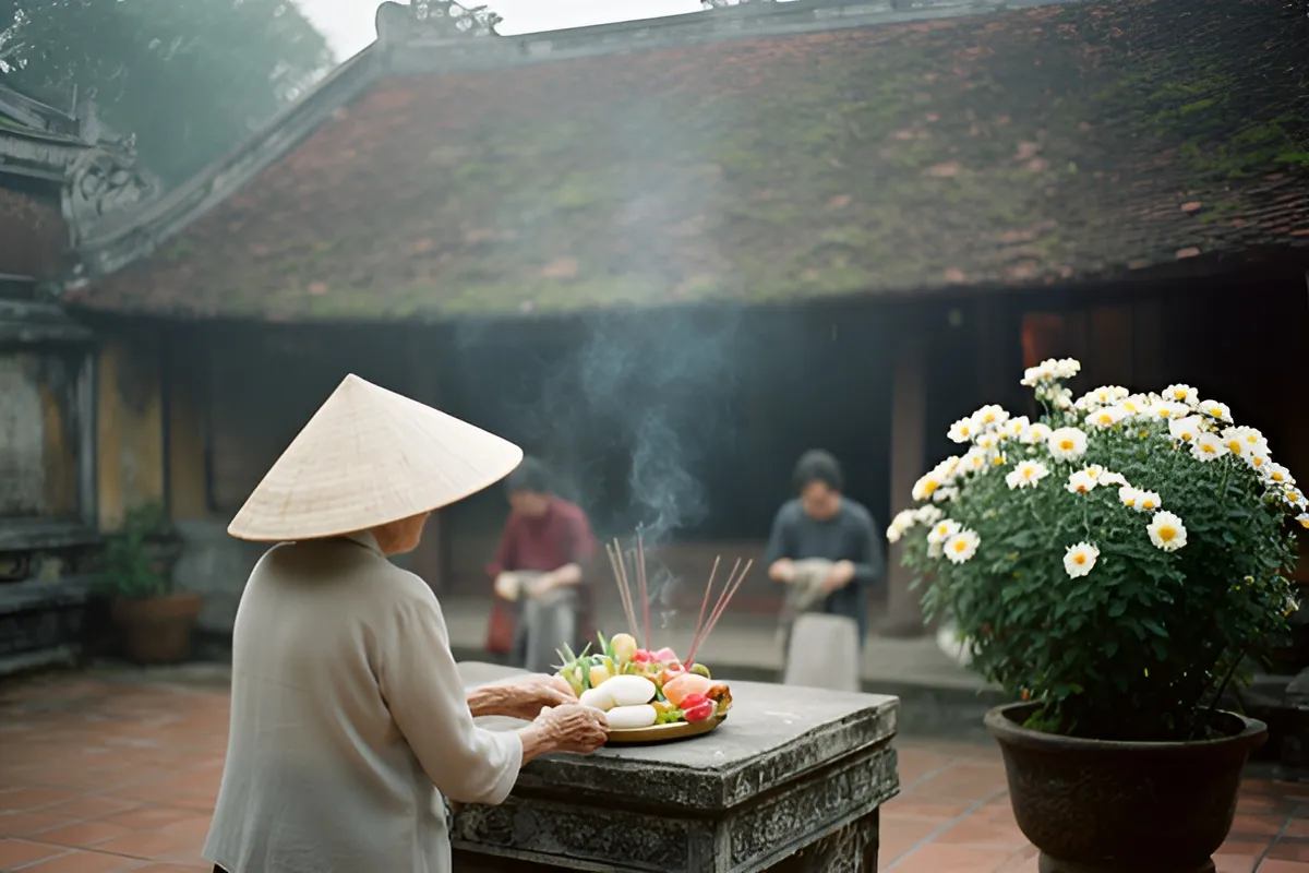 Một cụ bà đội nón lá đặt mâm lễ vật lên bàn đá trong sân chùa cổ, khói nhang bay nhẹ