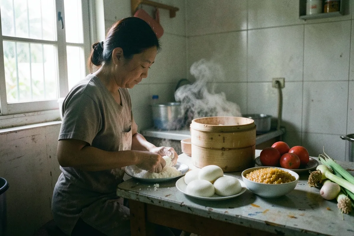 Một phụ nữ đứng nghiêng trong bếp, tay nén gạo nếp trên đĩa, bên cạnh nồi tre hấp đang bốc khói cùng đĩa bánh