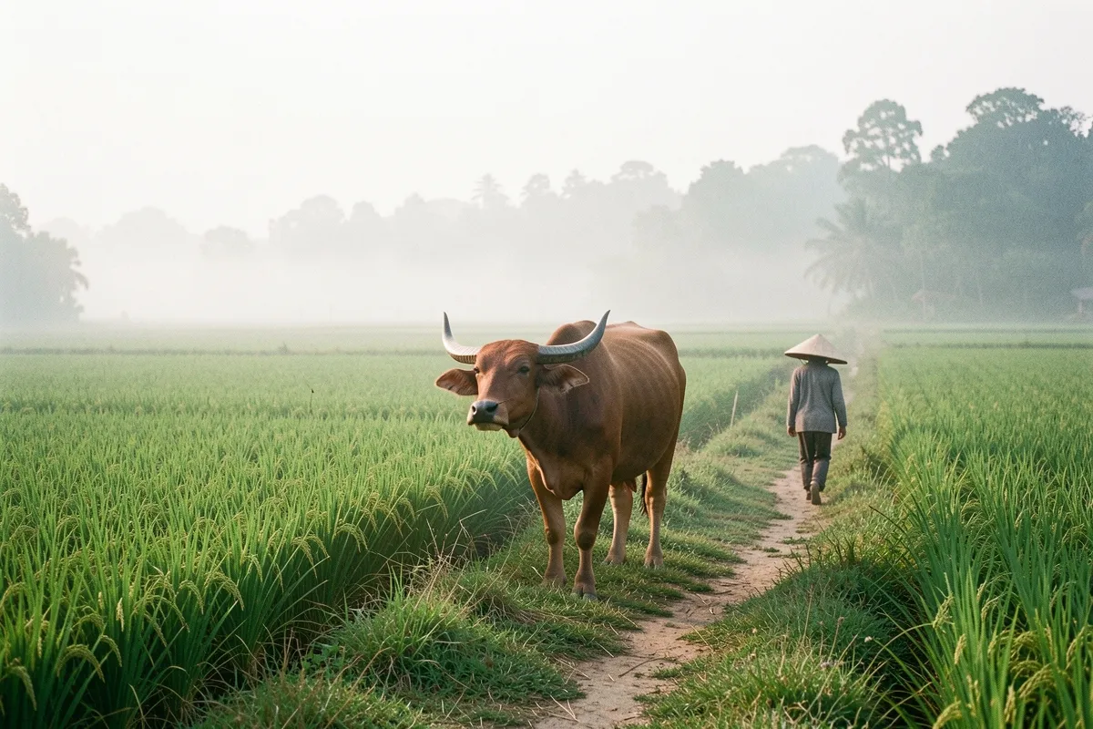 Một con trâu nâu đứng trên đường mòn cạnh ruộng lúa xanh, phía sau một người đội nón lá đi dọc lối đi