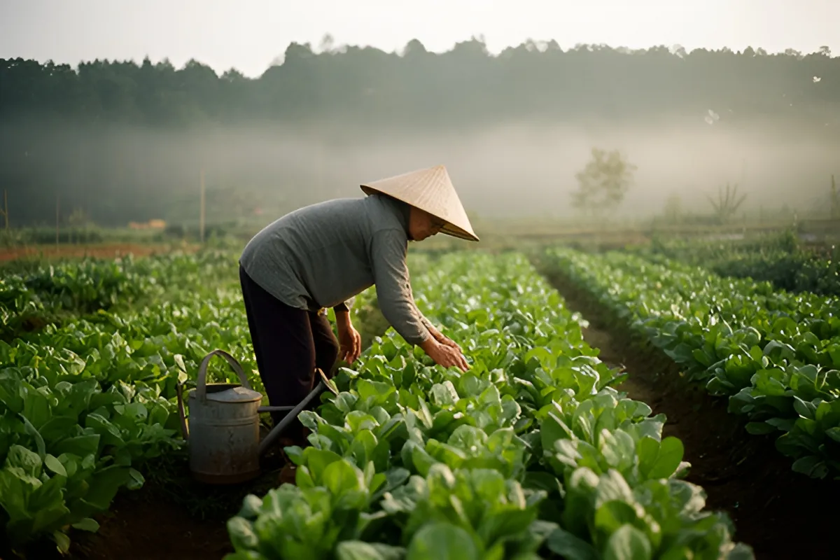 Một người đội nón lá cúi xuống nhặt rau trên luống xanh, bên cạnh có một bình tưới kim loại, sương mờ phủ đồi xa sáng sớm