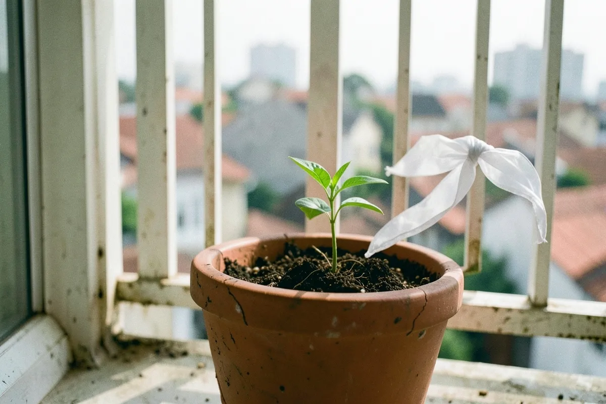 Một chậu đất nung trên bậu ban công có mầm cây xanh non, bên cạnh là dải vải trắng bay nhẹ