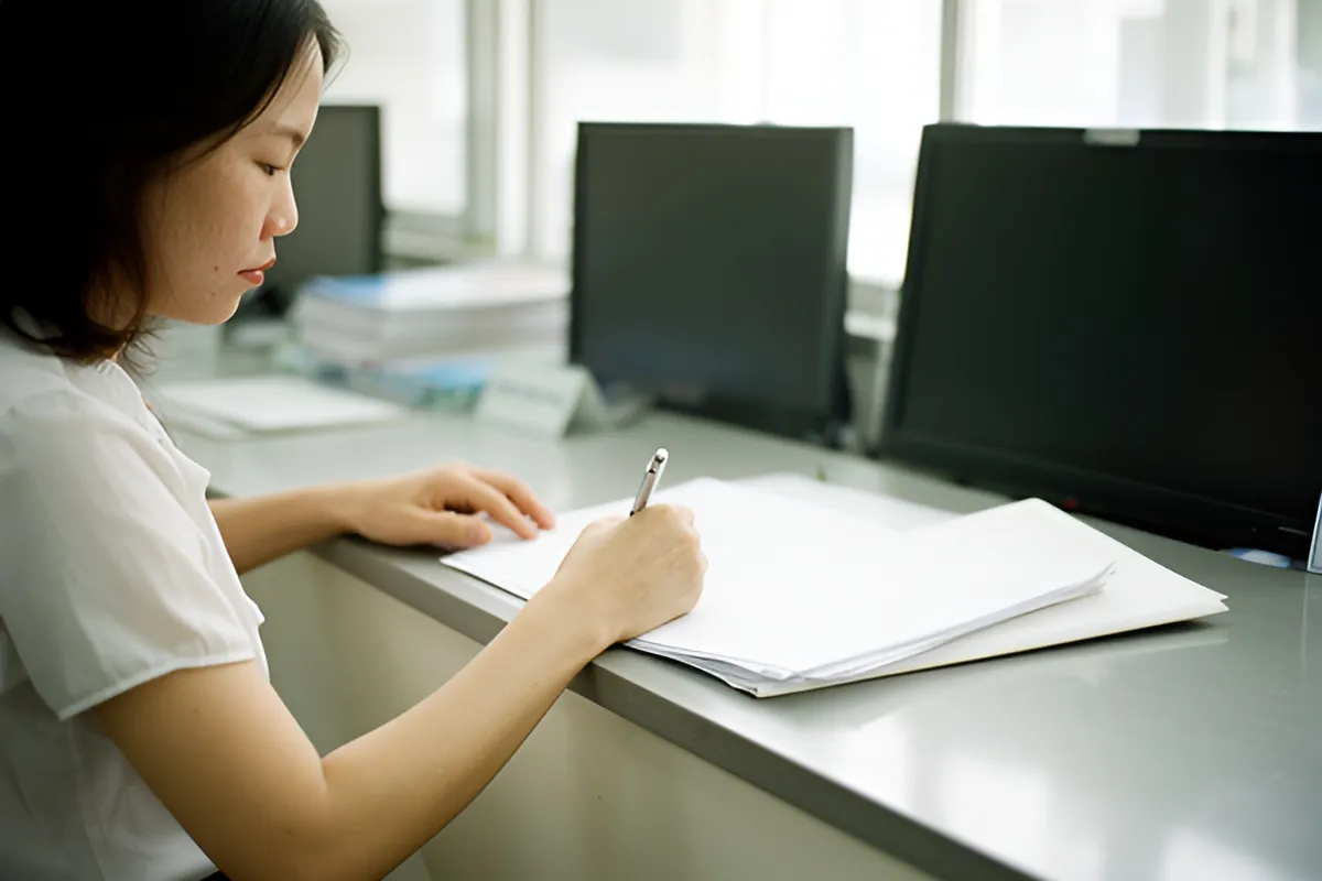 Một người phụ nữ trẻ ngồi nghiêng bên quầy, cầm bút viết lên tờ giấy trắng, cạnh đó là xấp giấy và các màn hình tắt