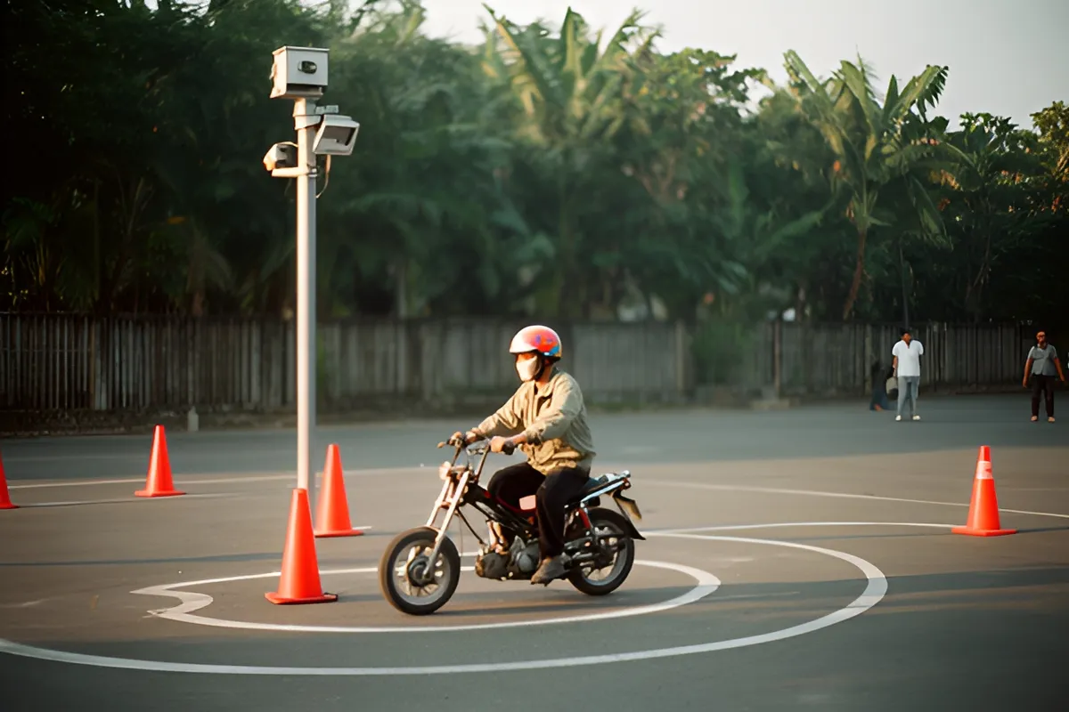 Một người đội mũ bảo hiểm và khẩu trang lái xe máy nhỏ quanh vạch tròn trên sân, có cột camera