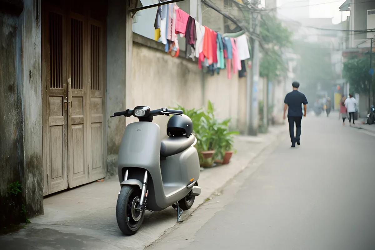 Một chiếc xe tay ga màu xám đỗ cạnh cổng nhà, mũ bảo hiểm đặt trên yên