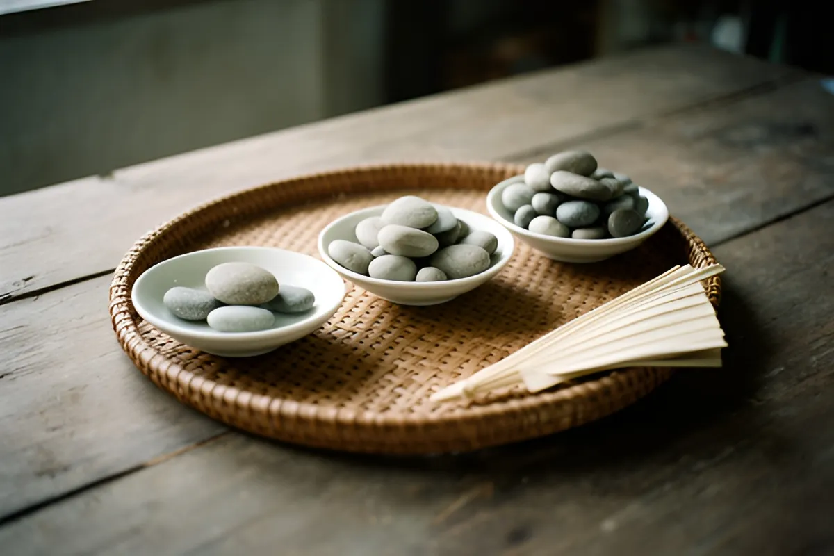 Ba đĩa sứ nhỏ đựng sỏi mượt đặt trên khay mây tròn, cạnh đó là chùm que mỏng, trên bàn gỗ trong ánh sáng ban ngày