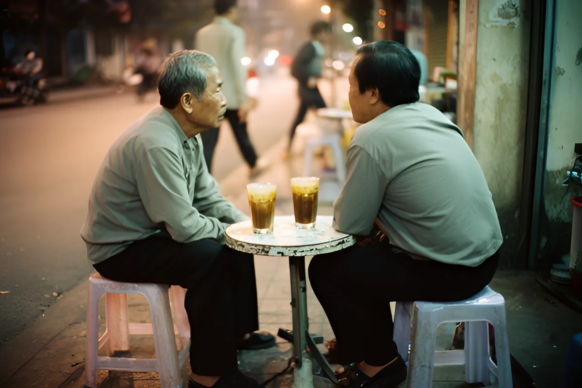 Hai người đàn ông trung niên ngồi trên ghế nhựa thấp quanh bàn tròn nhỏ, trên bàn có hai ly nước màu nâu
