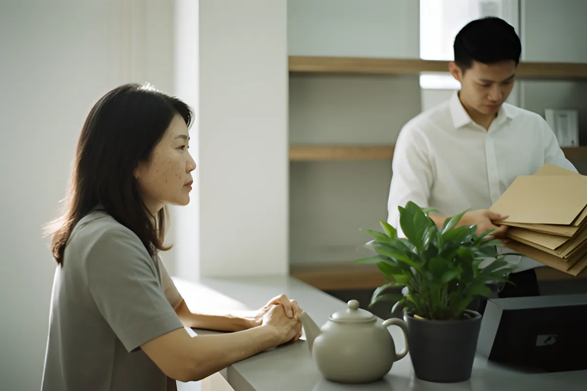Một phụ nữ đứng nghiêng bên quầy, hai tay đan vào nhau, đối diện người đàn ông áo trắng đang cầm tập hồ sơ