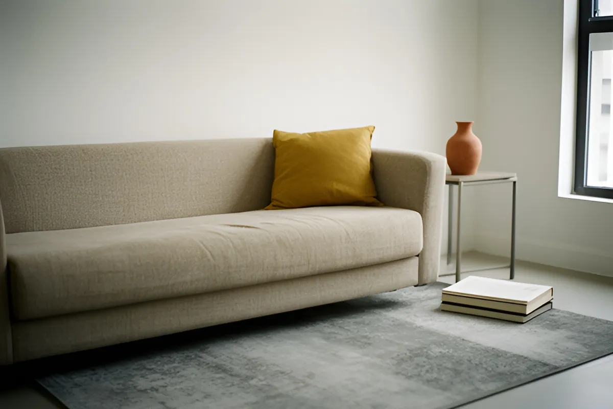 Phòng khách hiện đại với ghế sofa màu be, một gối vàng, bình gốm nhỏ trên bàn, chồng sách trên thảm xám, ánh sáng từ cửa sổ
