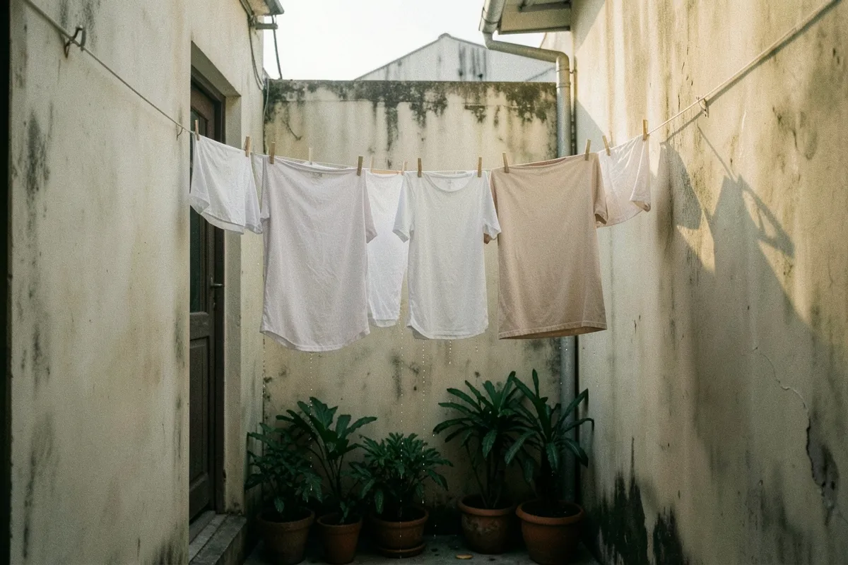 Sân nhỏ giữa hai bức tường với dây phơi căng ngang, vài chiếc áo thun trắng và be đang phơi, bên dưới là chậu cây xanh