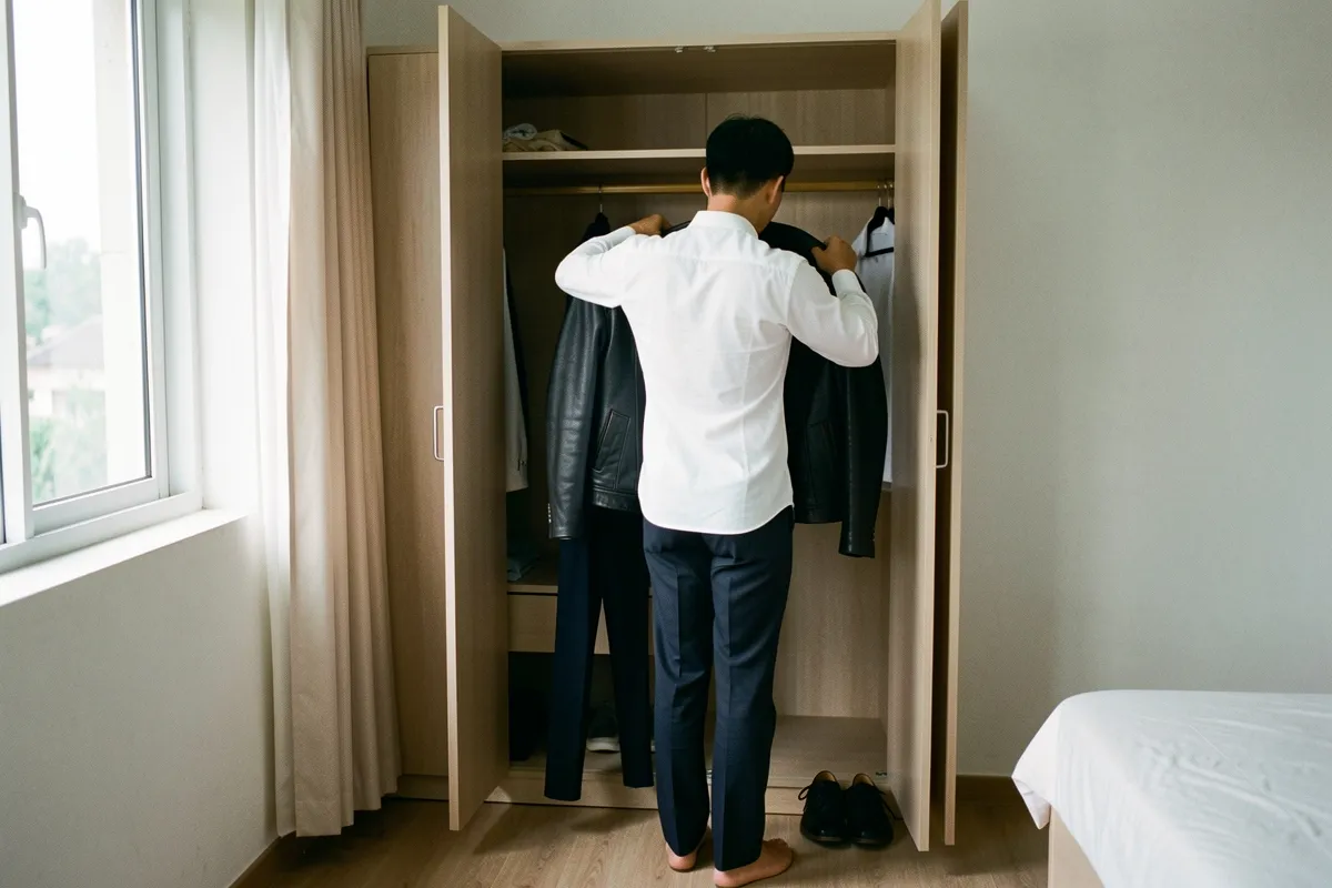 Một người đàn ông đứng quay lưng trước tủ quần áo mở, đang mặc áo khoác da đen trên áo sơ mi trắng trong phòng ngủ sáng sớm
