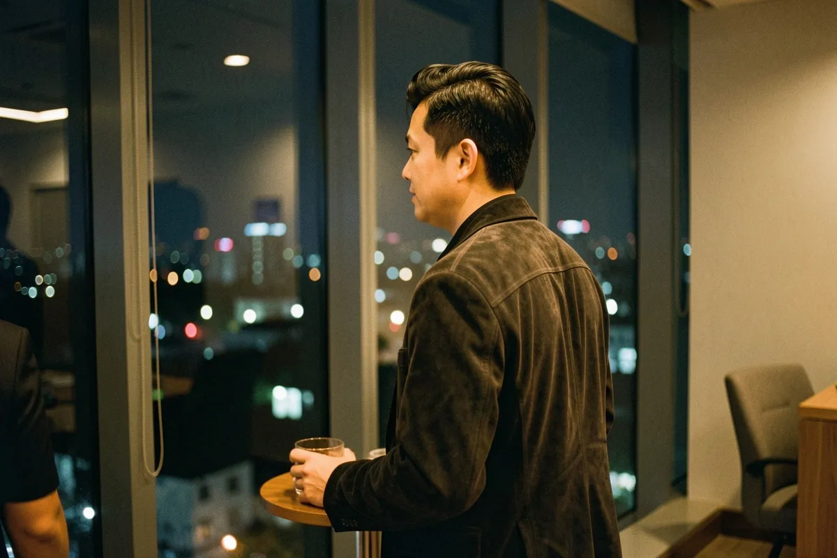 Một người đàn ông mặc áo khoác tối màu đứng nghiêng nhìn ra cửa sổ, tay đặt ly trên bàn tròn nhỏ