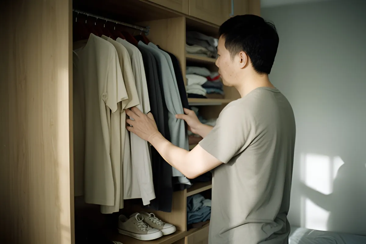 Một người đàn ông đứng trước tủ quần áo mở, hai tay chạm vào hàng áo sơ mi treo trên móc, giày đặt dưới ngăn
