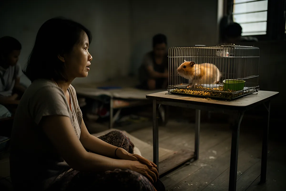 Một phụ nữ trẻ ngồi trên sàn nhìn chú hamster chạy trong lồng sắt trên chiếc bàn thấp, đèn tối buổi tối