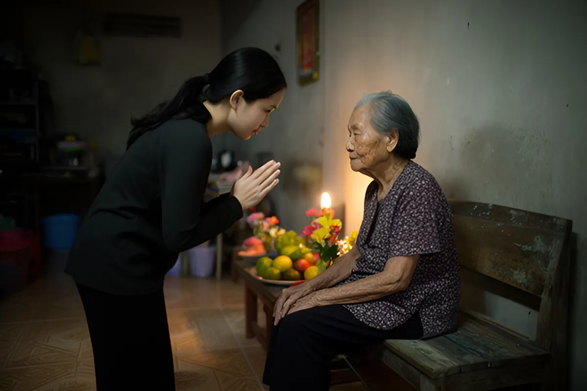 Một người trẻ nữ đứng cúi chào với hai tay chắp trước một cụ bà ngồi trên ghế gỗ, cạnh bàn nhỏ có hoa