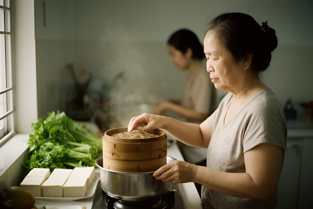 Một phụ nữ lớn tuổi đang nhấc nắp thùng tre hấp trên nồi, rau xanh và đậu hũ xếp trên quầy, phía sau có người phụ nữ trẻ