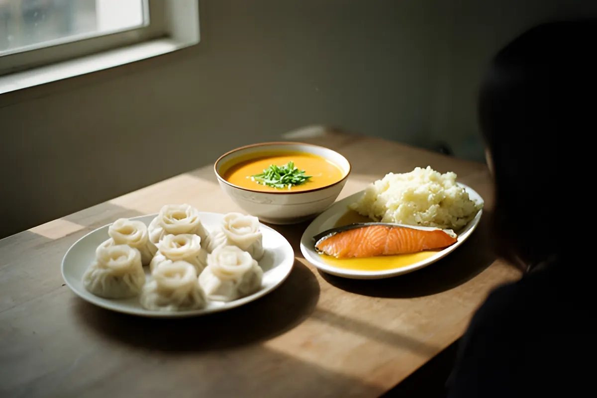 Một phụ nữ ngồi quay lưng bên bàn gỗ có bát súp cam, đĩa bánh bao hình hoa và đĩa cá hồi với khoai tây nghiền