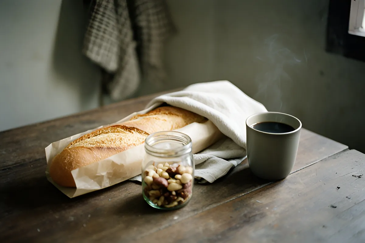 Bàn gỗ cũ trong bếp có bánh mì dài gói giấy, ổ bánh phủ vải trắng