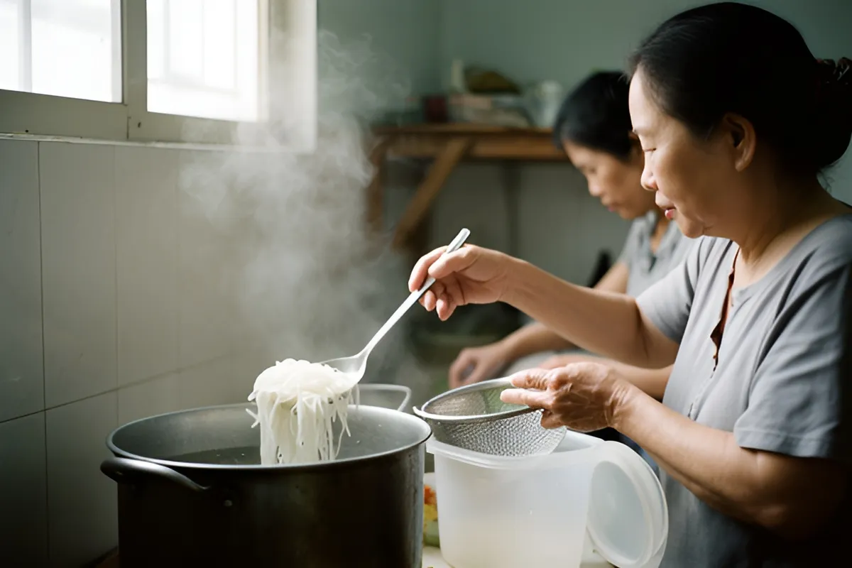Hai phụ nữ trong bếp, một người vớt sợi mì trắng từ nồi nước sôi bốc khói bằng muôi, cạnh đó là hộp nhựa mở nắp