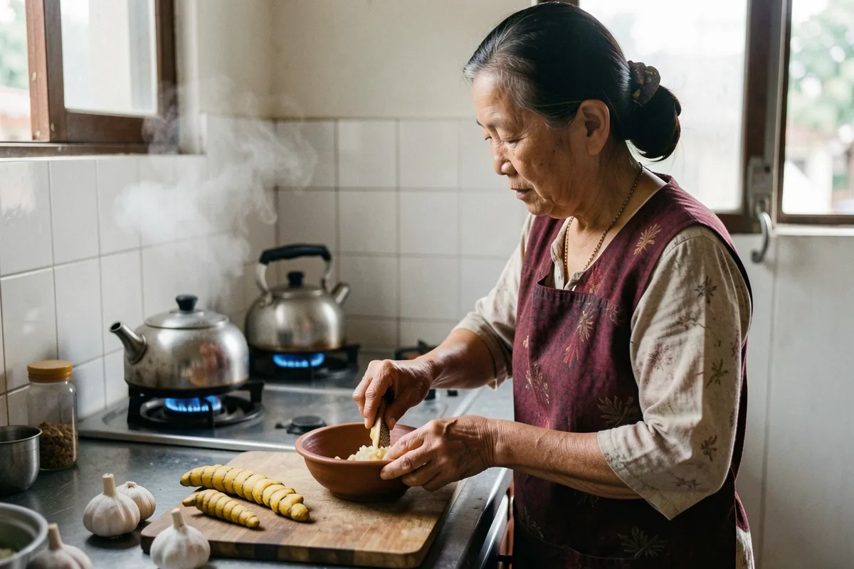 Một bà lớn tuổi đứng bên bếp, dùng dụng cụ nạo thức ăn vào bát đất, phía sau có ấm nước đang bốc khói