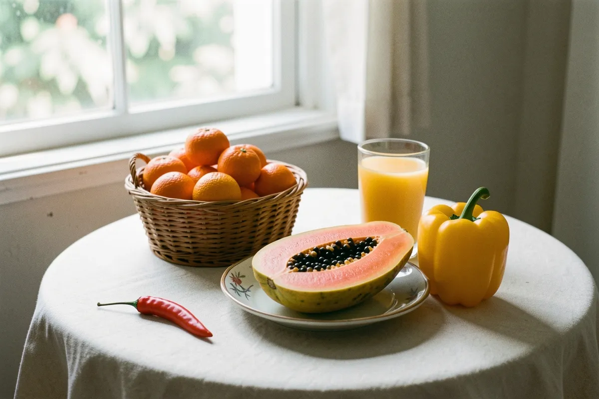 Trên bàn tròn phủ khăn trắng đặt giỏ cam, nửa quả đu đủ có hạt, ớt đỏ, ớt vàng và ly nước cam cạnh cửa sổ sáng