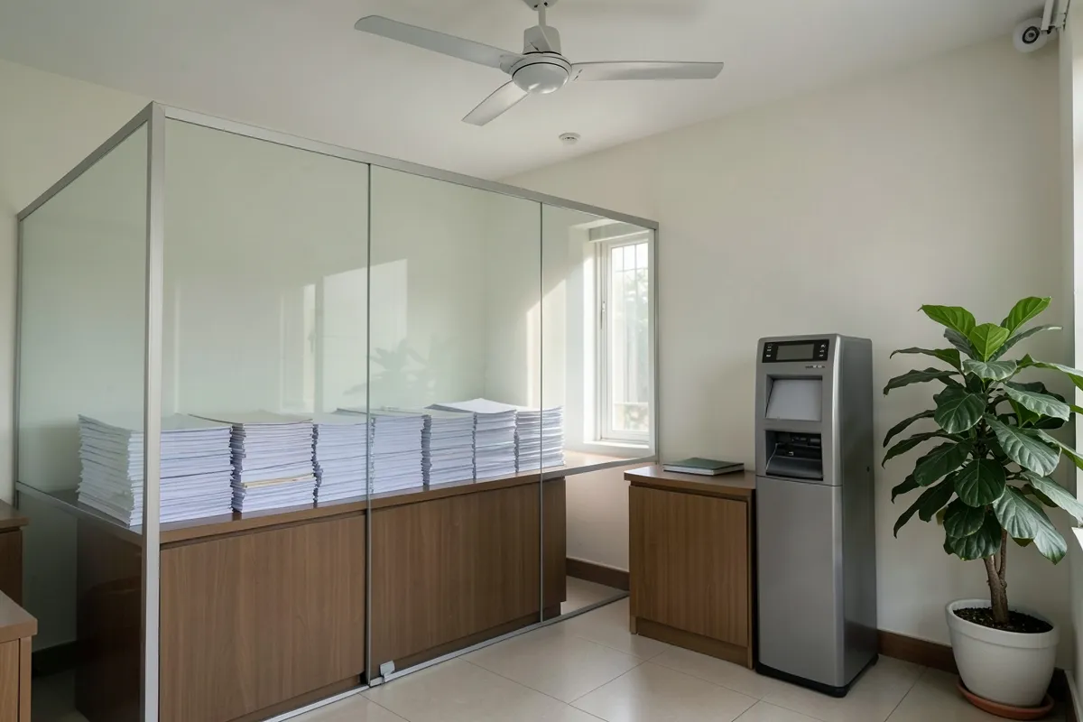 Phòng làm việc trống với ngăn kính, chồng giấy trắng, quạt trần, cây cảnh và một máy kim loại, sáng từ cửa sổ