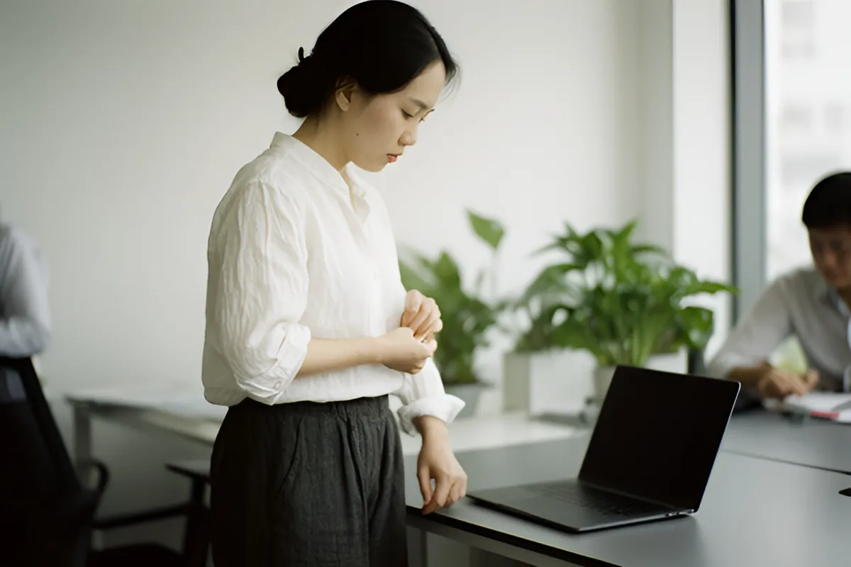 Một người phụ nữ tóc búi đứng cạnh bàn làm việc, tay chạm mép bàn và vạt áo, bên cạnh máy tính xách tay tắt màn hình