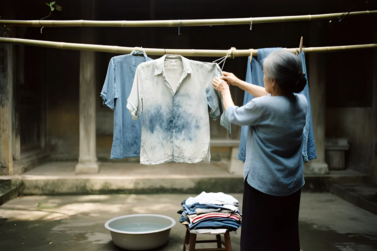 Một phụ nữ tóc bạc đứng quay lưng treo áo sơ mi nhuộm xanh nhạt lên dây phơi tre